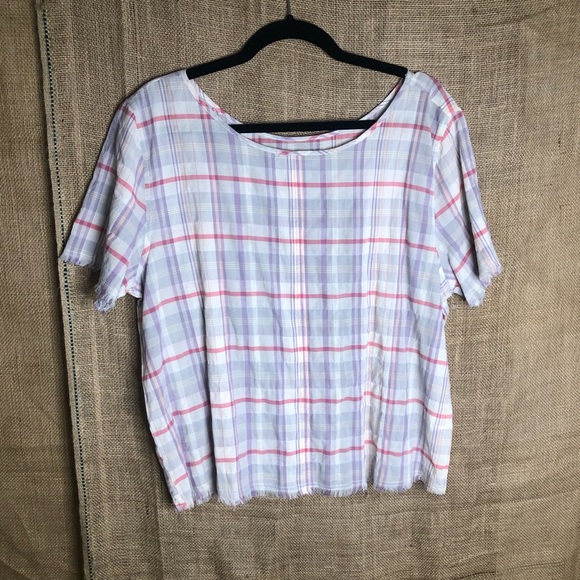 Susina Tops - Susina Plaid Top Raw Hem L Short Sleeve Shirt